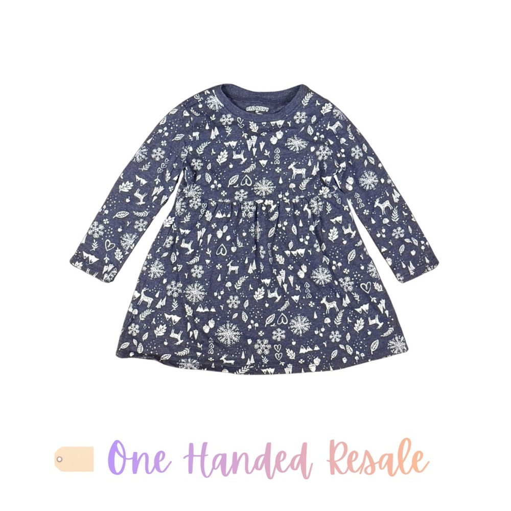 ❄️ Old Navy Girls Navy Blue Long Sleeve Dress w/ White Woodland Winter Print 2T